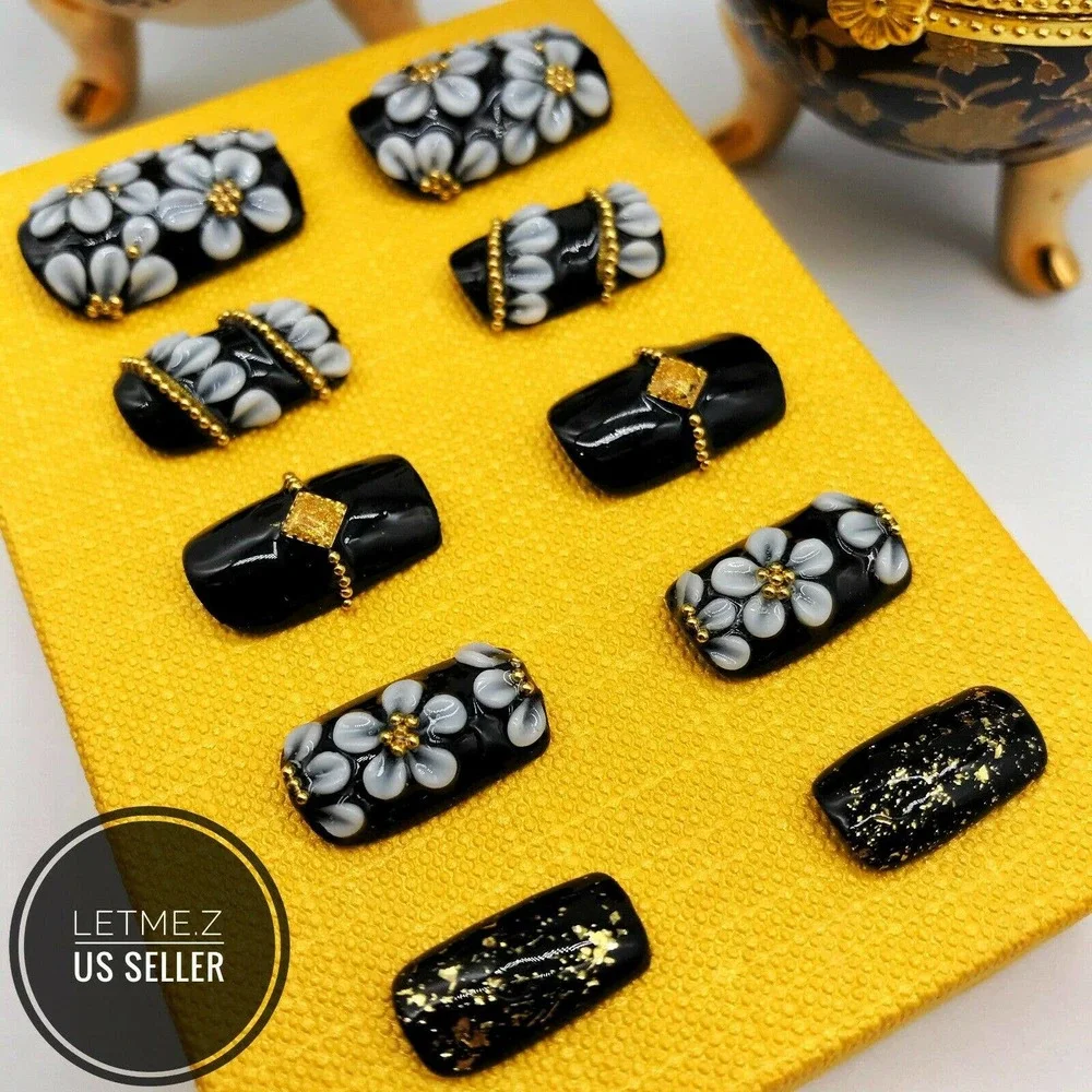 Press on Nails‎ Glue On Acrylic 3D Flower Black Gold